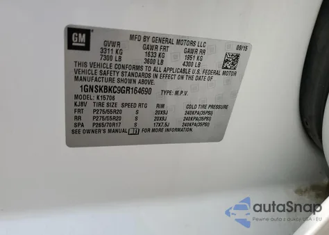 2016 Chevrolet Tahoe K1500 Lt z USA, uszkodzony, nr VIN 1GNSKBKC9GR164690